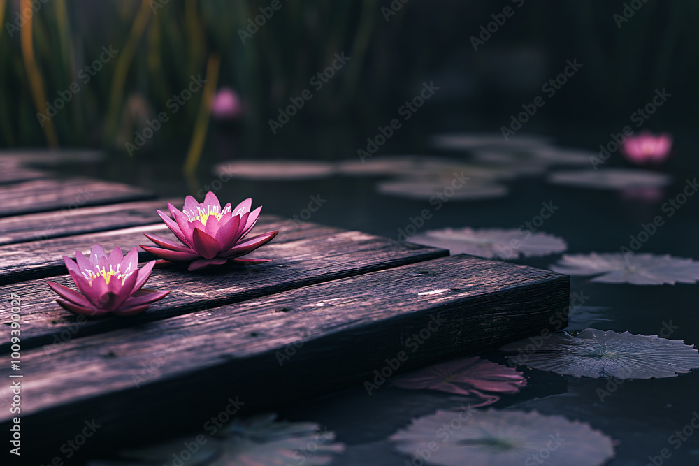 Aufkleber a close-up view of pink water lilies resting on a wooden dock with lily pads surrounding them creating a peaceful and beautiful scene
