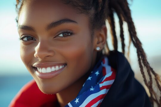 Proud female athlete with USA flag, Generative AI