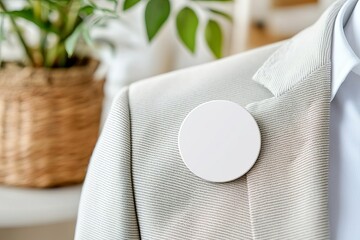 Empty round badge mock-up on a stylish blazer, formal setting, professional and modern branding concept