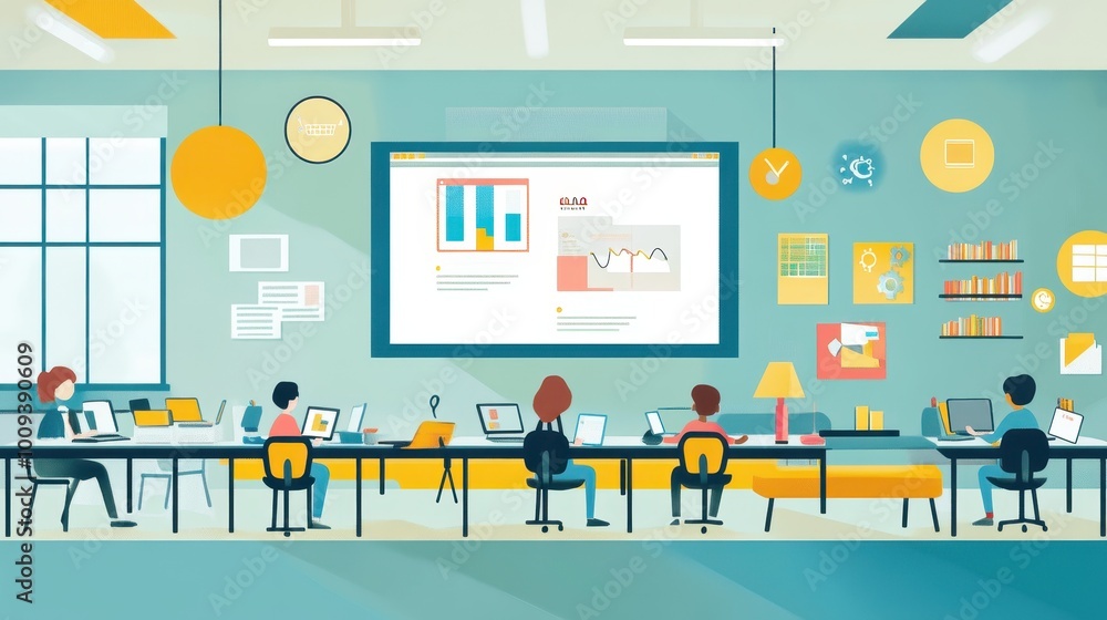Poster modern open office workspace with analytics presentation on screen