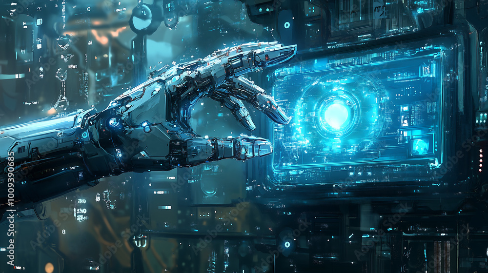 Poster futuristic robotic hand interacting with digital holographic interface in a cybernetic setting
