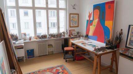 Modern artists workspace with vibrant artworks and creative tools