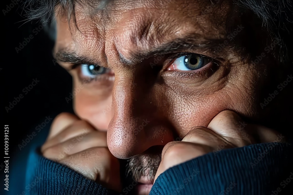 Poster A hyper-realistic close-up of a personâ€™s face, showing deep regret and contemplation as they reflect on yesterdayâ€™s failures, with every detail of their expression vividly captured