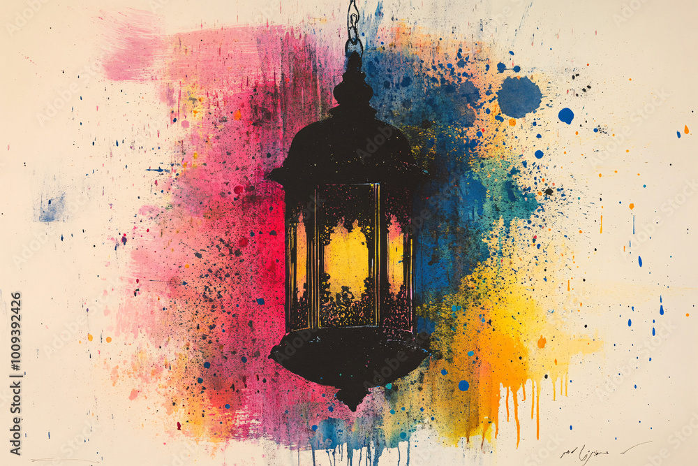 Poster artistic depiction of a lantern surrounded by vibrant splashes of color creating an enchanting atmos
