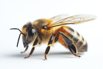 a solitary honey bee highly detailed in focus isolated on a pure white background showcasing the delicate features of its wings and body emphasizing natures intricate design