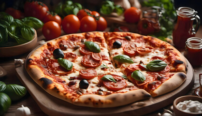 Baked delicious pizza with mozzarella, tomatoes and basil lying on a wooden tray on a table