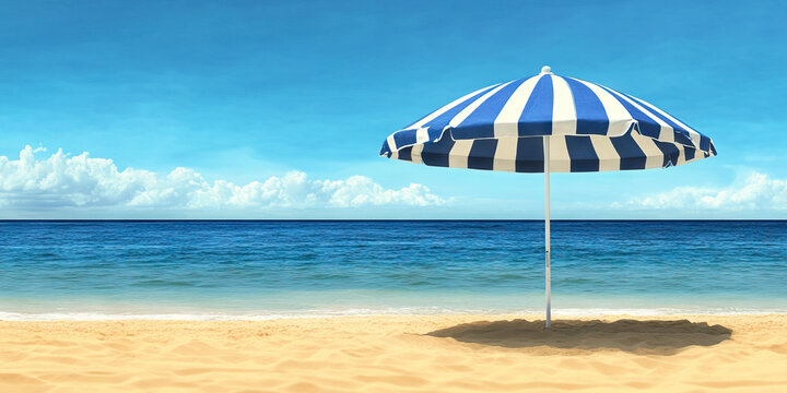 A summery blue and white striped beach umbrella providing shade on a sunny July day at the shore.