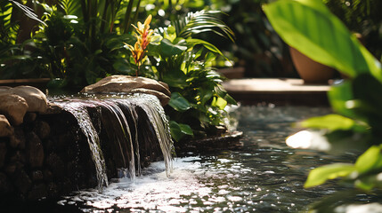Tropical garden waterfall with lush greenery and serene spa ambiance