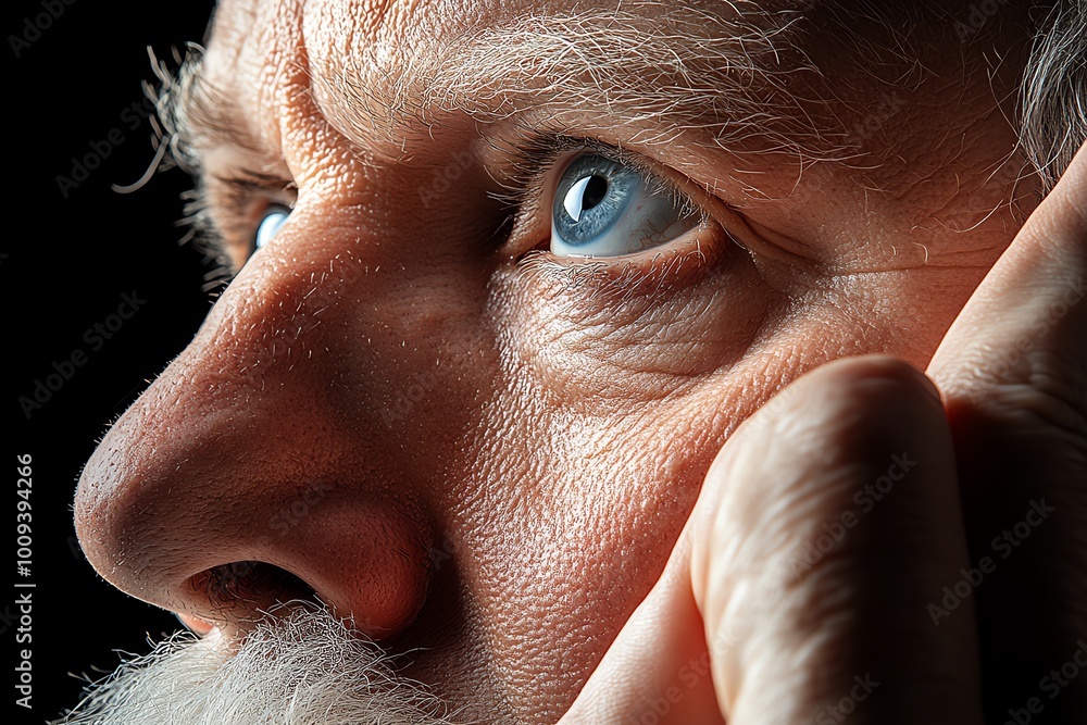 Poster A hyper-realistic close-up of a stoic thinkerâ€™s face, showing deep contemplation and serenity, with every detail of the skin and expression captured in lifelike clarity