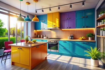 Modern 3D Kitchen Interior Design with Sleek Cabinets, Appliances, and Stylish Decor Elements