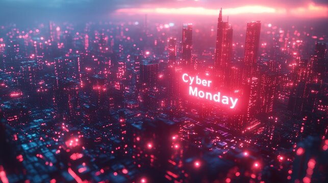 Futuristic cityscape illuminated by neon lights celebrating Cyber Monday during nighttime