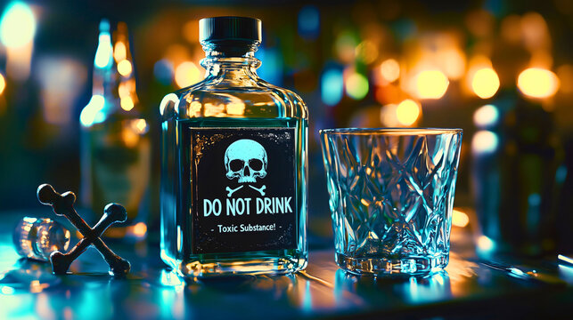 DO NOT DRINK - Toxic Substance.
A bottle labeled with a skull and crossbones next to a glass
Alcohol Rum Whiskey Vodka Rakija 


