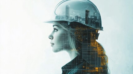 Double exposure image of a white female wearing an engineer's helmet with city buildings and blueprints in the background.
