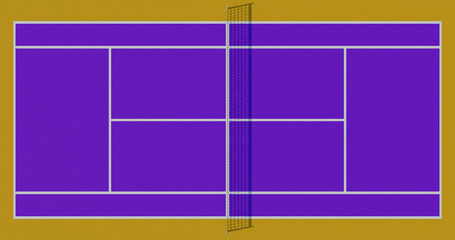 Top view of a tennis court floor with lines on a purple and orange background