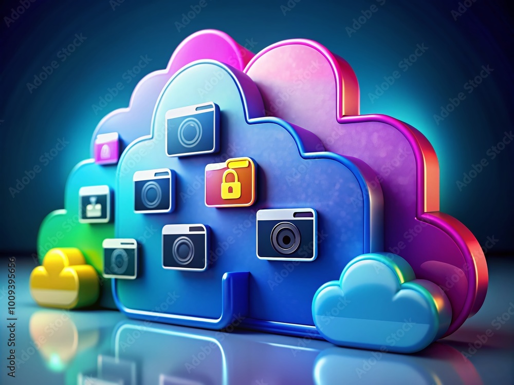 Poster modern cloud network icons set for technology, data storage, and digital solutions design concepts