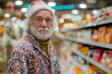 Senior Man in Festive Hat Shopping in Supermarket Aisle