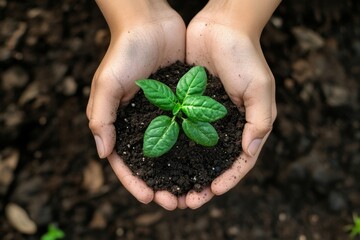 Woman's hands holding a green plant growing in soil, Generative AI