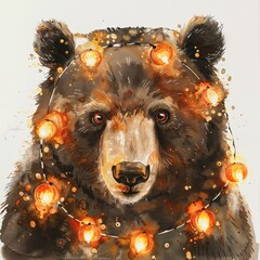A bear adorned with glowing lights in an artistic and playful illustration