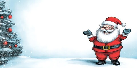 A cheerful Santa Claus stands amidst a snowy winter wonderland, spreading joy and holiday spirit near a beautifully decorated evergreen tree