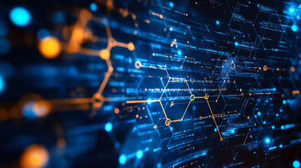 Abstract representation of digital data flow with illuminated circuits and binary code in a dark environment