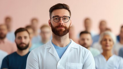Fototapeta premium A group of men in a health seminar learning about prostate cancer with a doctor, diverse crowd, Prostate cancer educational session, Public health outreach