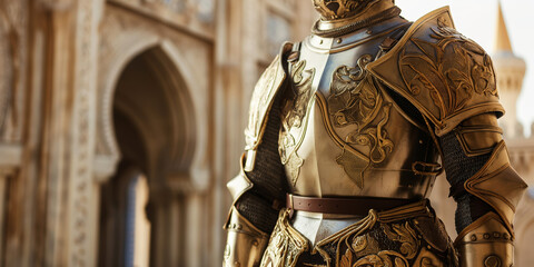 Fototapeta premium Medieval Knight in Ornate Golden Armor Standing in Front of Gothic Architecture
