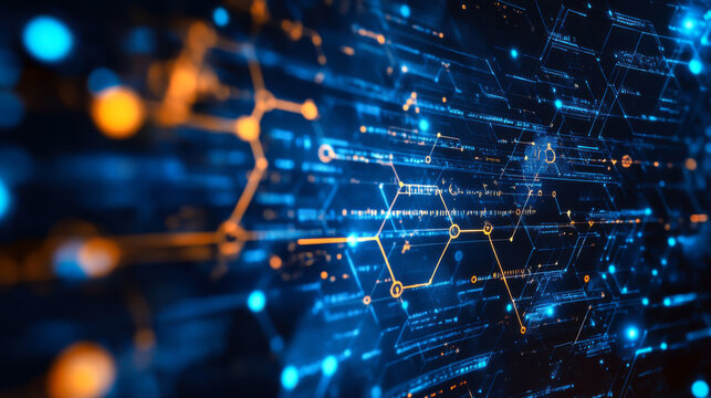 Abstract representation of digital data flow with illuminated circuits and binary code in a dark environment