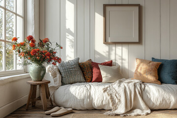 Naklejka premium A white wall in the living room, with colorful pillows and an end table on one side of it. 