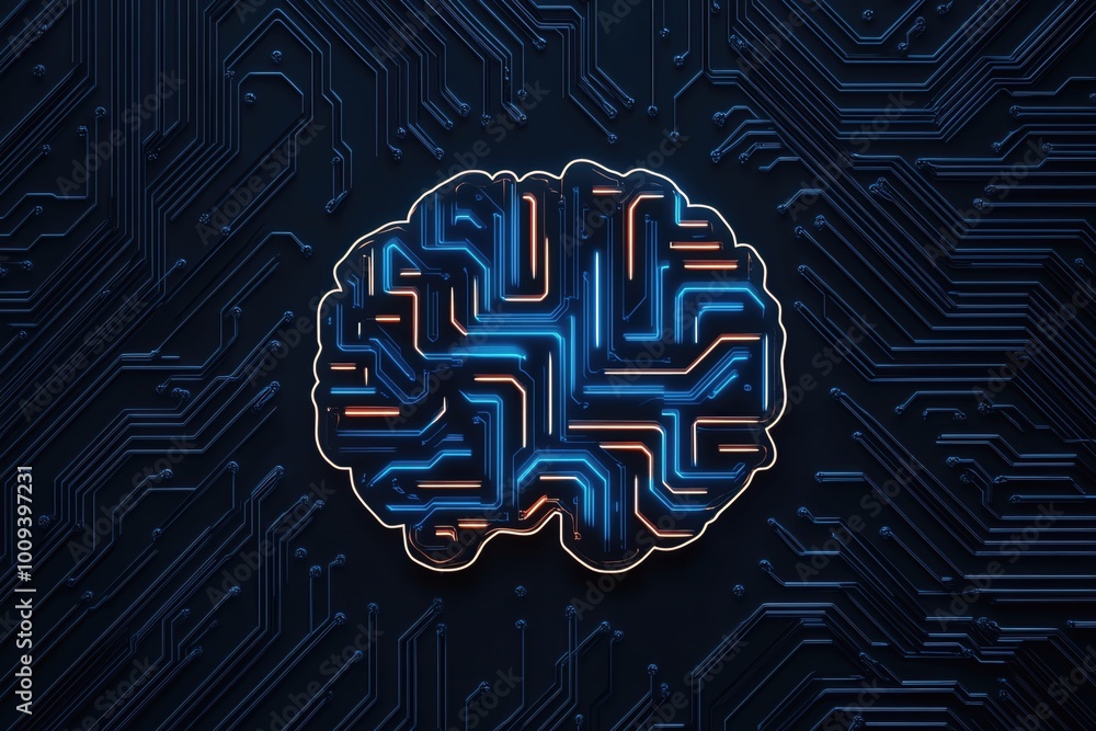 Poster digital brain with circuit lines on abstract background, symbolizing artificial intelligence.