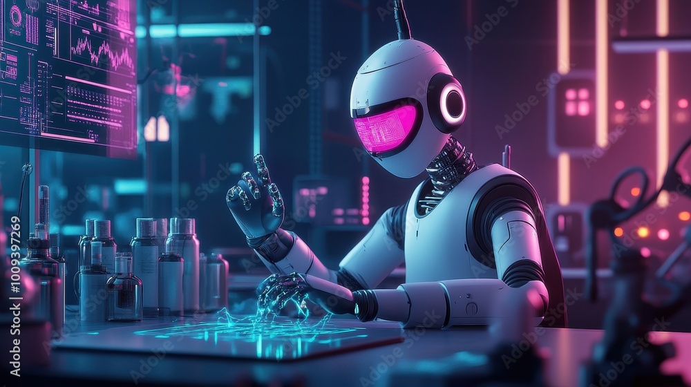 Poster futuristic robot working in high-tech lab