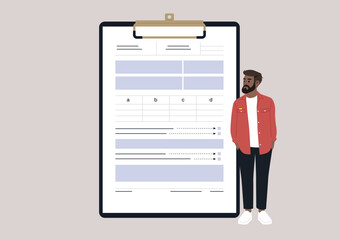 A character leans casually beside a clipboard displaying forms and data in a contemporary office environment, emphasizing the significance of paperwork in professional life