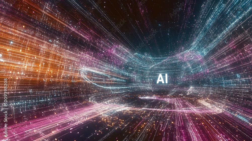 Poster abstract ai concept with glowing lines and particles.