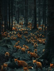 Obraz premium A group of foxes are walking through a forest at night