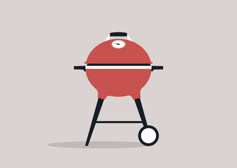 A quaint red charcoal grill rests in solitude, featuring a classic round shape and a built-in thermometer, ready for sizzling meats and delightful moments at outdoor cookouts