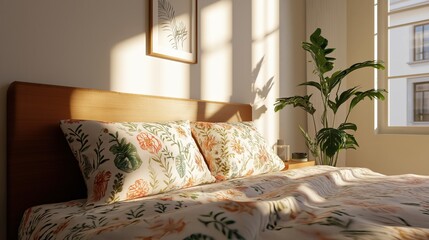 Modern sunny bedroom with floral decor and indoor plants for a fresh spring ambiance
