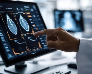 A hand pointing at an ultrasound image of the prostate, clean medical background, Prostate cancer ultrasound, Diagnostic medical tools