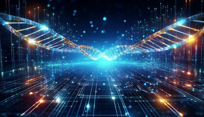 Obraz premium Complex digital data structure resembling DNA strands, with data nodes, links, and glowing symbols, set in an abstract space-like environment