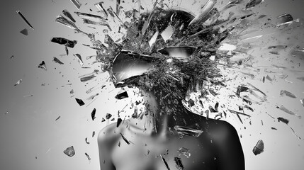 Woman face breaking, woman's upper body is abstracted, with sharp fragments of a broken mirror splashing out from her chest, as if her emotional pain is physically breaking her apart
