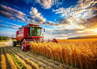 Obraz premium Modern Hemp Combine Harvester Working in Fields Under Bright Blue Sky on a Sunny Day in Autumn