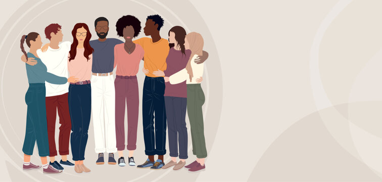 Group of people embracing each other from diverse culture holding hands.Teamwork and cooperation.Community of volunteers or friends committed to social issues for peace and the environment