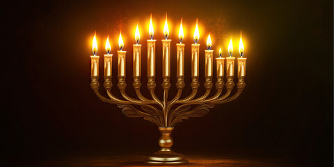 A traditional Hanukkah menorah, its eight golden candles flickering against a warm, earthy brown background.