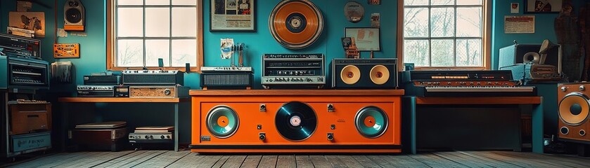 Fototapeta premium A cozy music studio featuring a colorful vintage sound system, records, and warm lighting that inspires creativity.