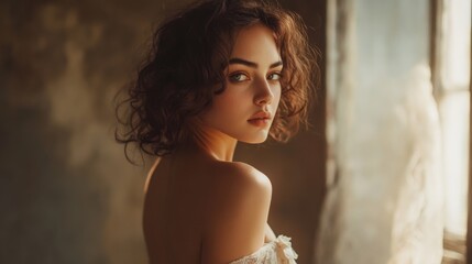 Woman with Curly Hair Gazing Backward in Soft Light