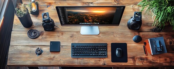 A stylish workspace featuring a modern computer setup on a wooden desk, perfect for productivity and creativity.