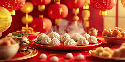 Naklejka premium A Chinese New Year's feast, filled with red lanterns, gold decorations, and delicious dumplings steaming on a red-and-gold table.