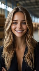 Obraz premium Cheerful young businesswoman smiling at the camera in a warehouse, Generative AI