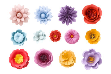 Collection set of paper flowers isolated on transparent or white background