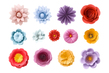 Collection set of paper flowers isolated on transparent or white background