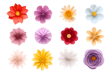 Collection set of paper flowers isolated on transparent or white background
