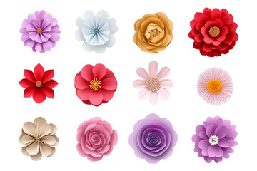 Collection set of paper flowers isolated on transparent or white background